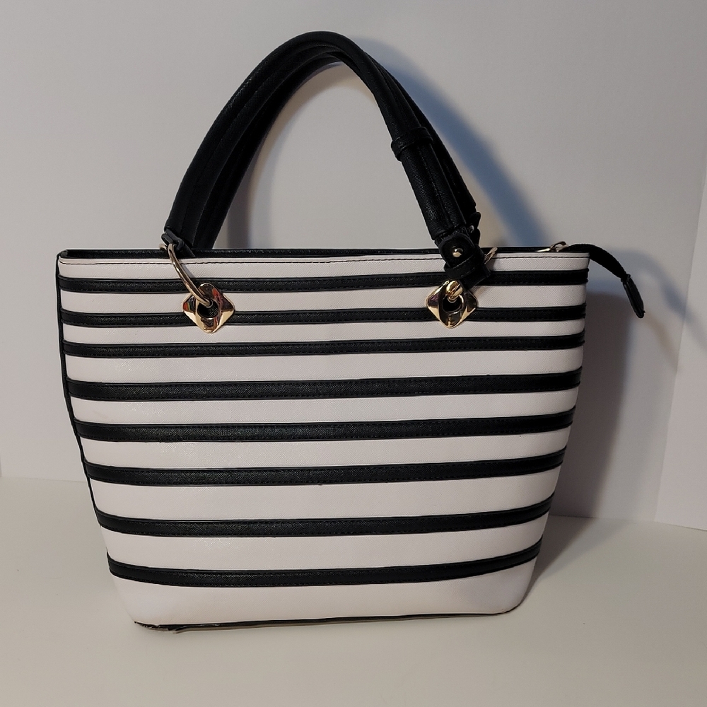 Black and White Striped Tote with Gold Accents